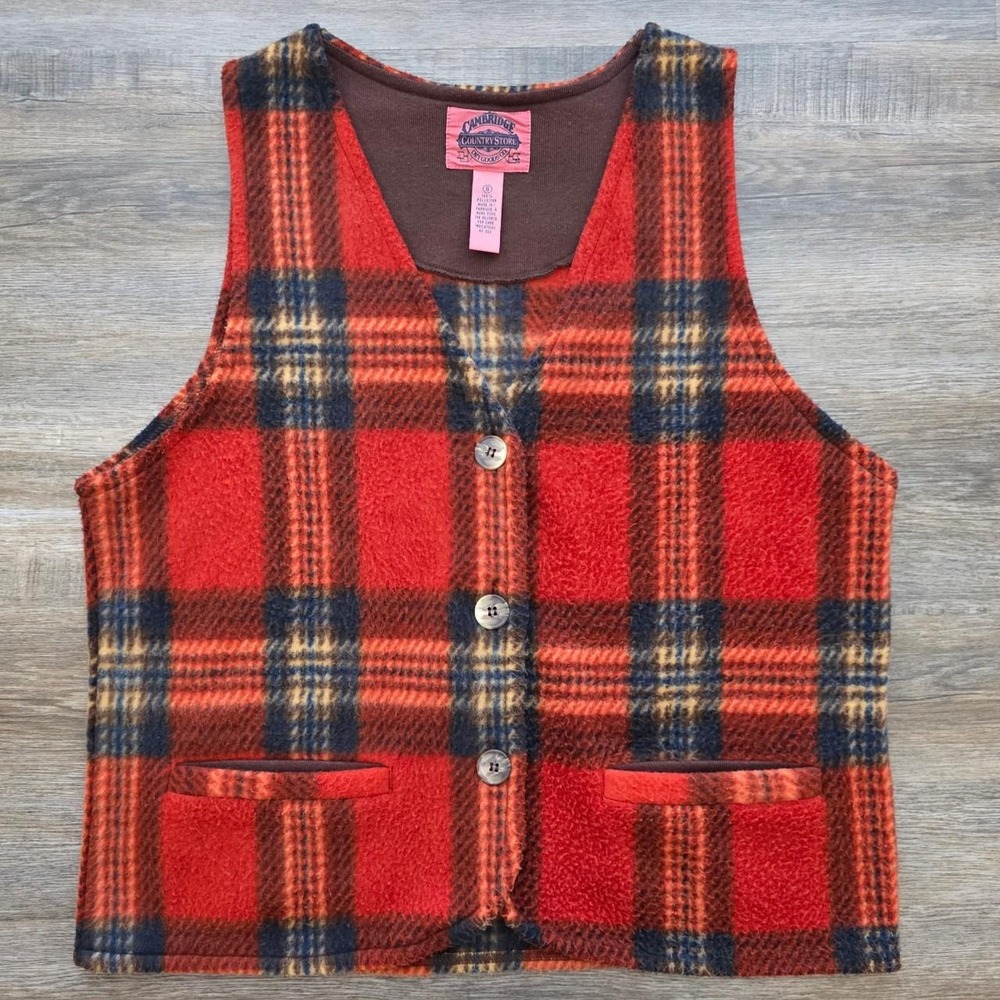 Cambridge Country Store Vintage Plaid Fleece Button Up Vest Red Navy Small